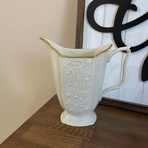 Lenox Gold Trimmed Floral Bisque Pitcher/Vase 6 1/2” Tall